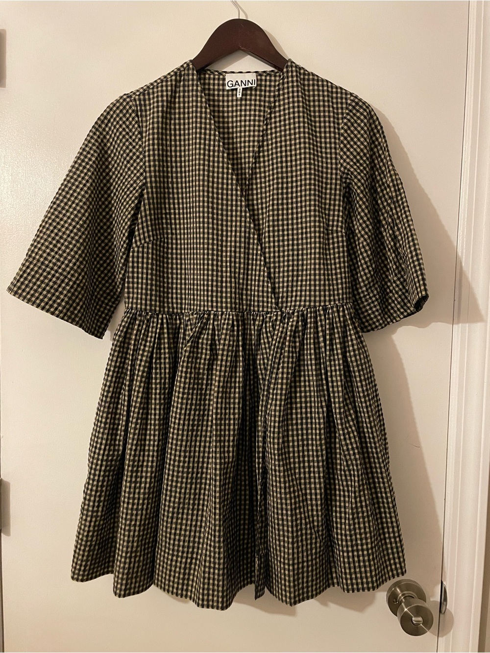 GANNI' Black and Tan Gingham Wrap Style Dress